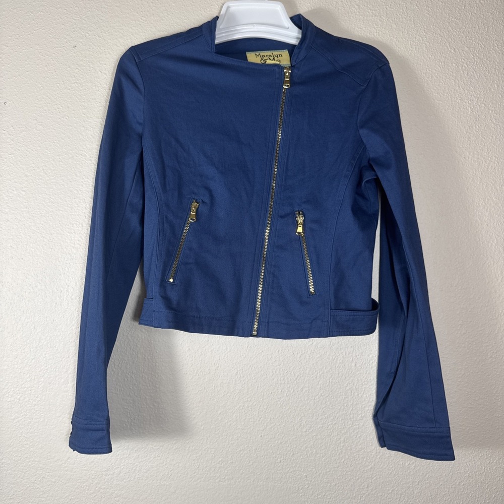 Maralyn & Me Blue Cropped Moto Jacket Gold Zip Y2K Minimalist Chic Size Small